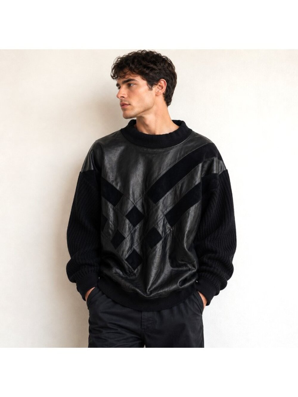 Vintage Equilibrio Black Leather Patchowrk Wool Blend Mens Pullover Sweater L